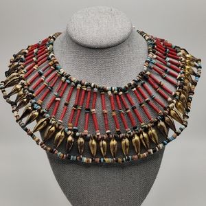 Wooden Statement Necklace in Red, Blue, Gold-tone and White/Black/Brown. Bib.